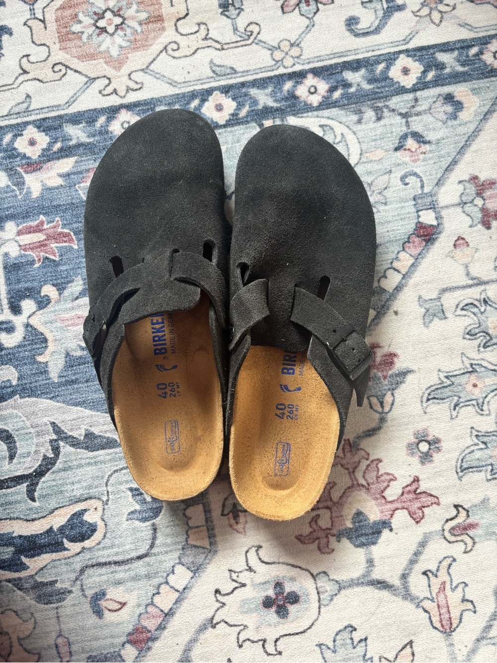 Birkenstock Black Suede Boston Clogs with Buckle